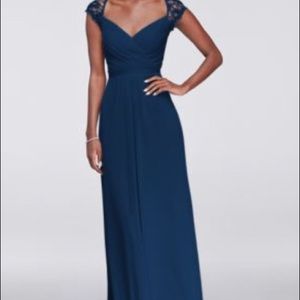 Long David’s Bridal Blue Dress with Lace Sleeves